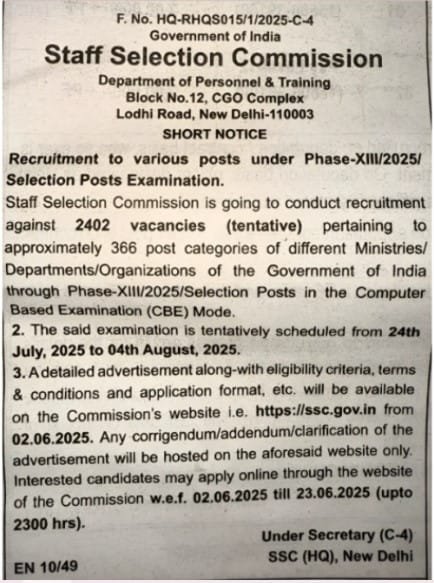 युवाओं के लिए खुशखबरी! SSC Selection Post Phase 13th में निकली 2402 पदों पर भर्ती  